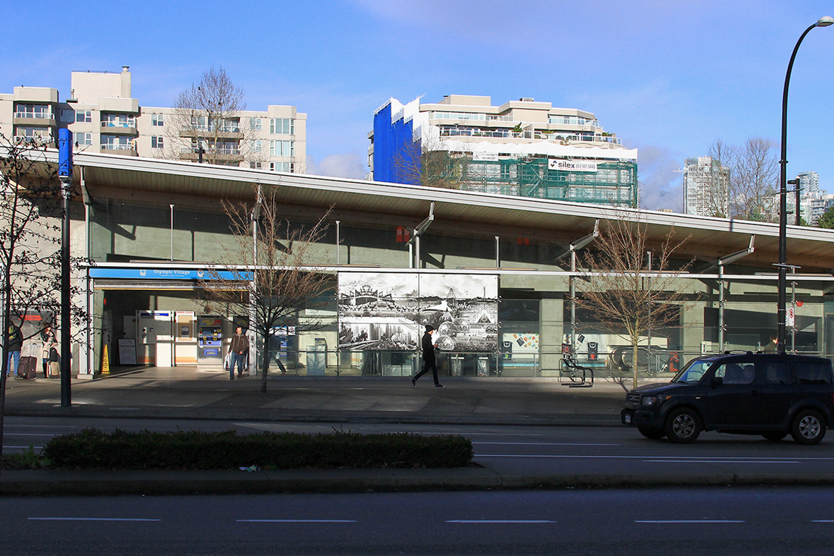 The installed montage at Olympic Village Skytrain Station viewed from across the street.
