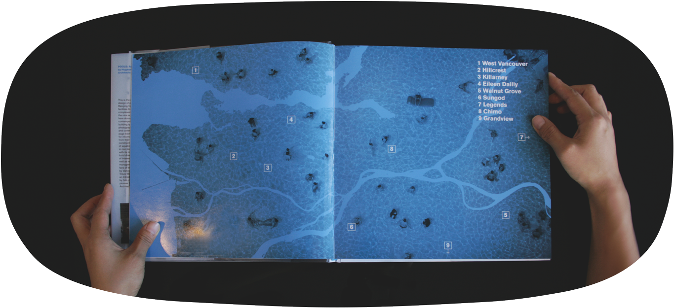 A spread from "POOLS: Aquatic Architecture" showing a graphic of a pool with a list of pools by hcma on the side.