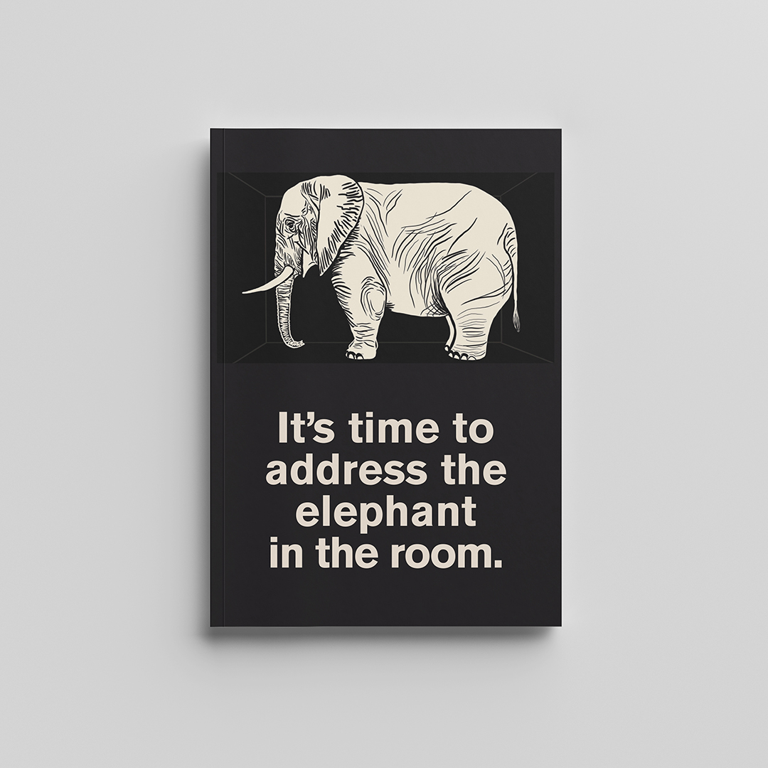 Graphic referring to the climate crisis with an elephant illustration and the text, It's time to address the elephant in the room.