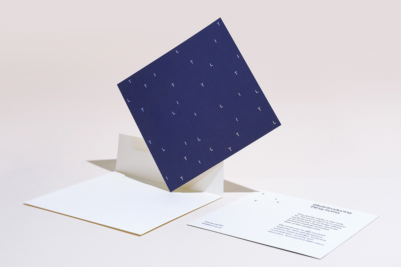 A group shot of the TILT invitation with its matching envelope.
