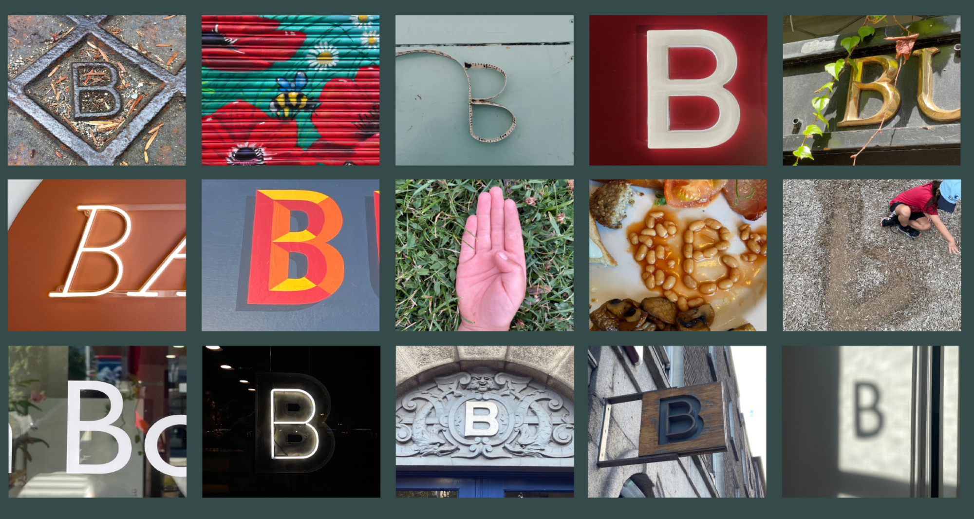 A collage of the letter "B" found in different context and scenarios.