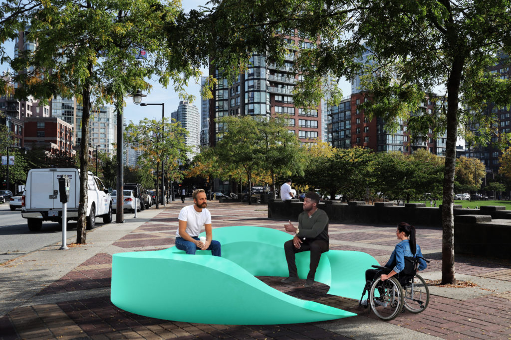 people sitting on the custom-designed bench