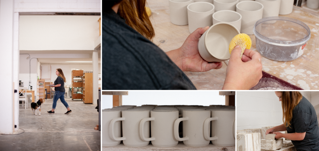 Composite image of Mindy Duke working in Hazy Pottery Studio on the HCMA mug.