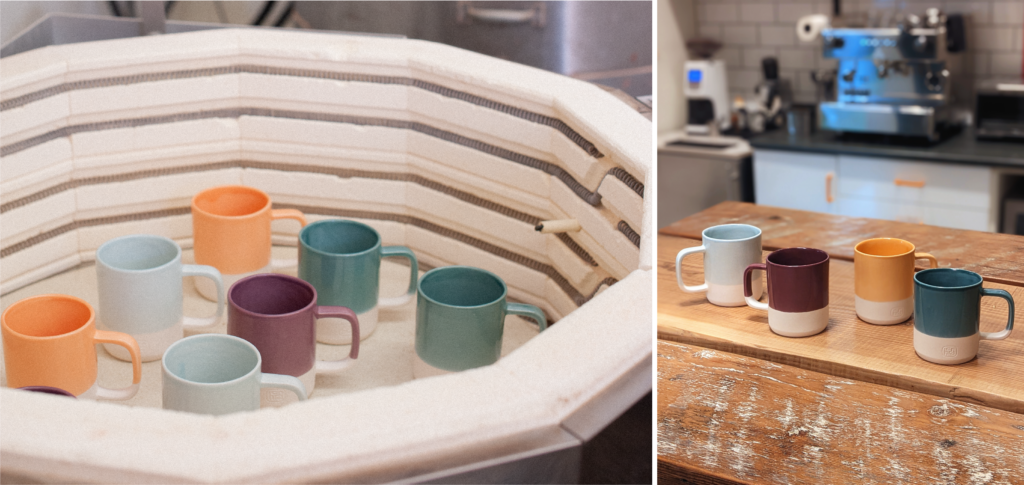 Composite photo of the finished mugs. Left, mugs in the kiln. Right. Mugs on the kitchen table in the Victoria office. 