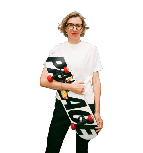 A portrait of Lexi Pendzich with a skateboard, a previous artist in residence at hcma.