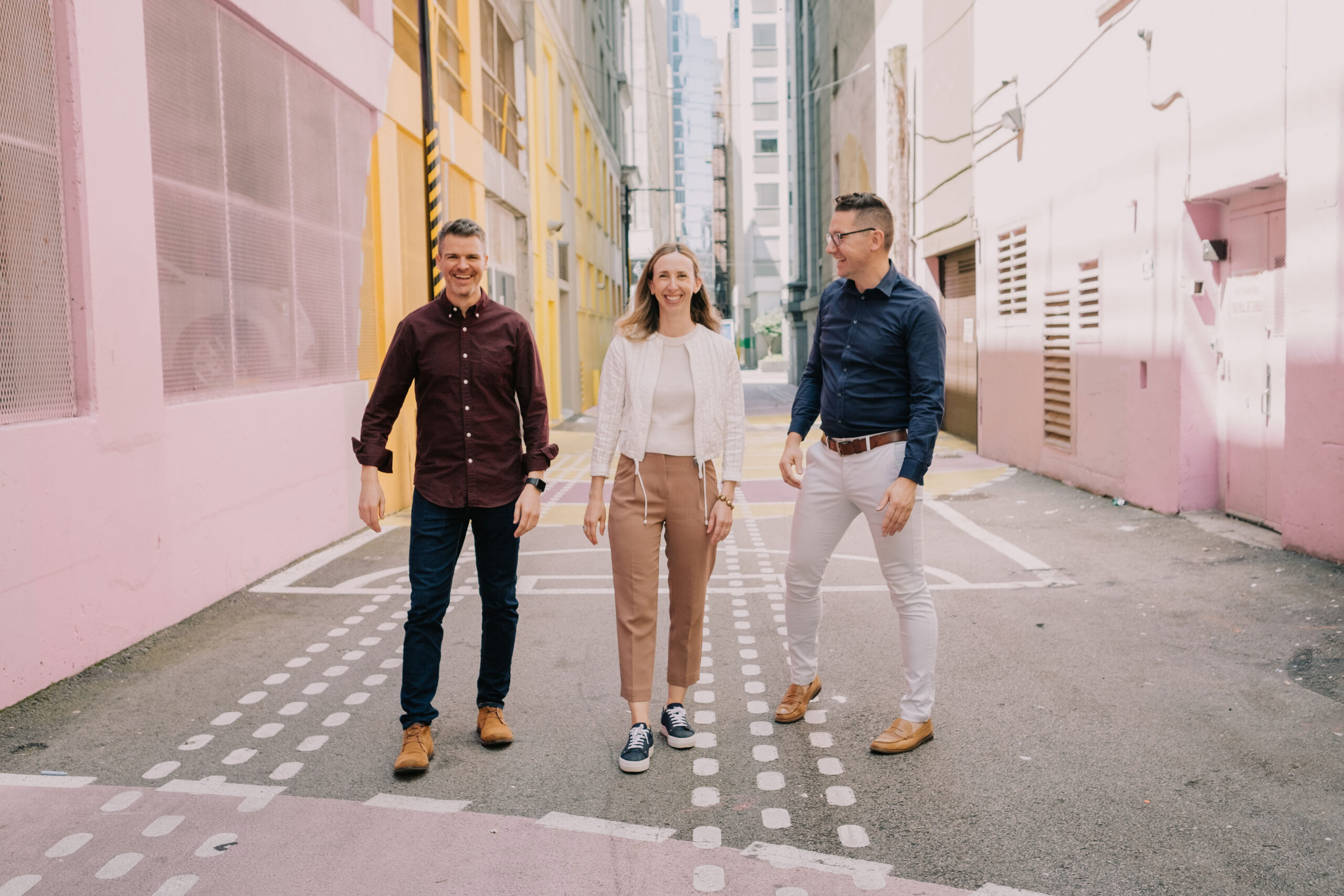 Image of the three new hcma associate principals, Darin Harding, Alexanders Kenyan, and Aiden Callison in the Alley-oop laneway in Vancouver.