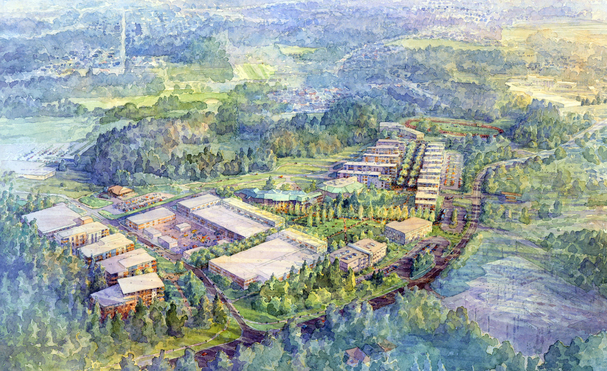 Watercolour painting of Camosun College from a birds-eye-view.