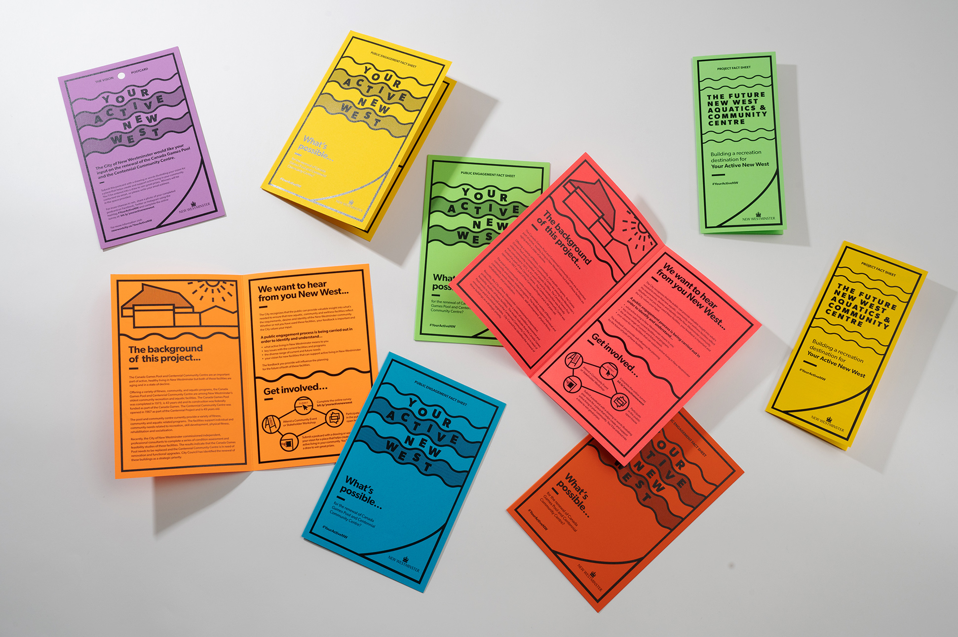 Colourful cards with information about the project on them.