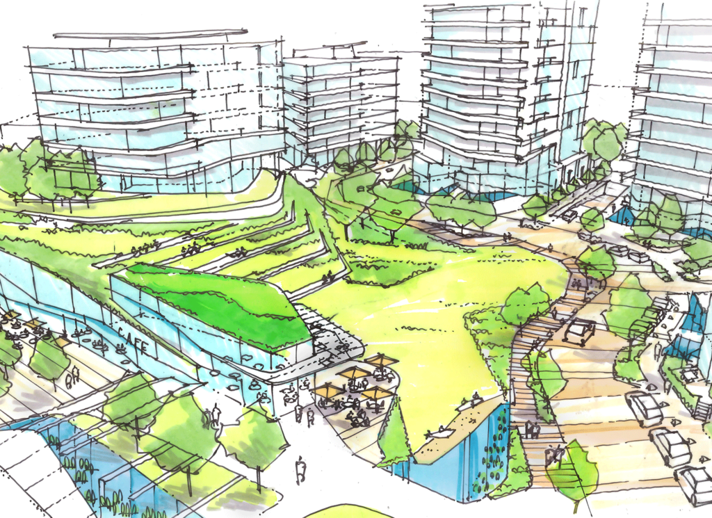 Coloured drawing of Dockside Green Site from above