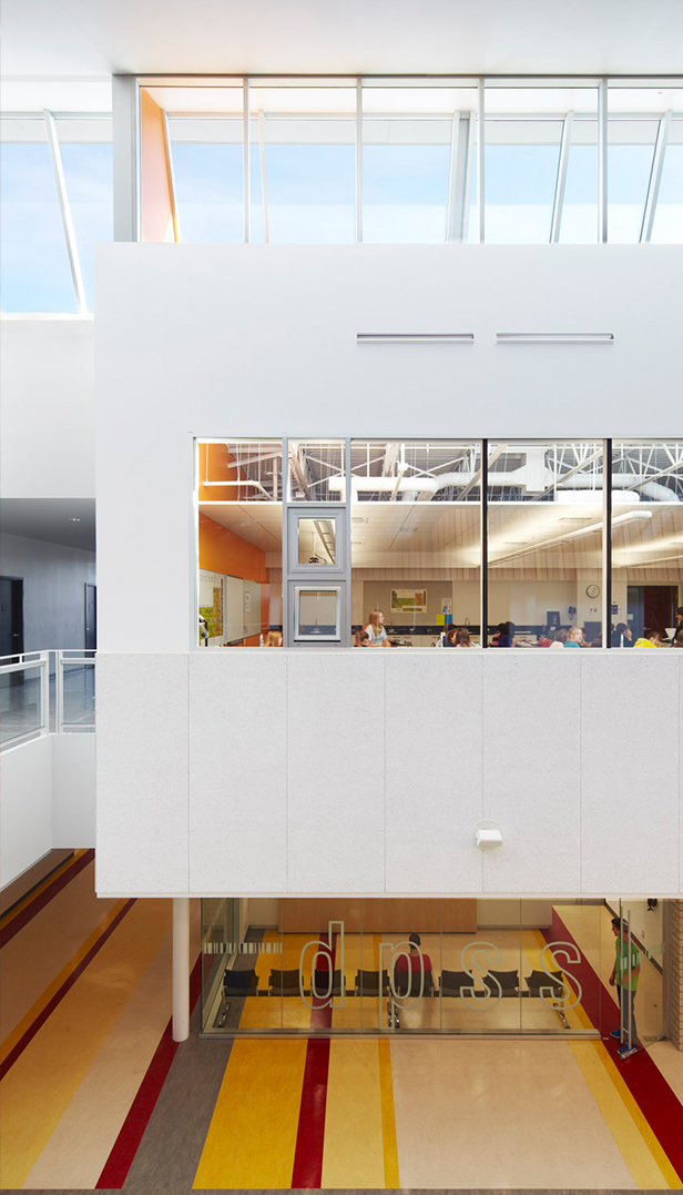 View of levitated classroom with gym below