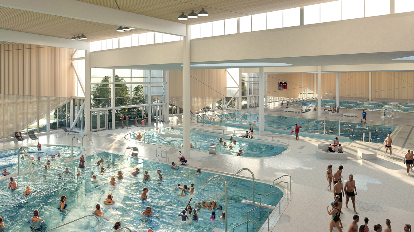 Rendering of people enjoying the various pools with natural light
