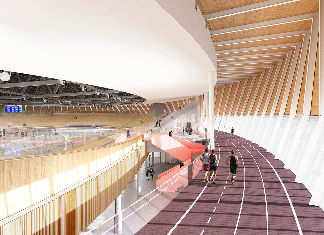 Levitating running track that goes around the inside edge of the building