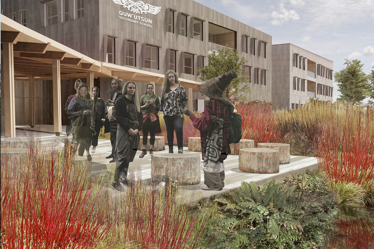 Rendering of students gathered in the Indigenous Outdoor Plaza. Pictured is an Elder-in-Residence speaking to the students.