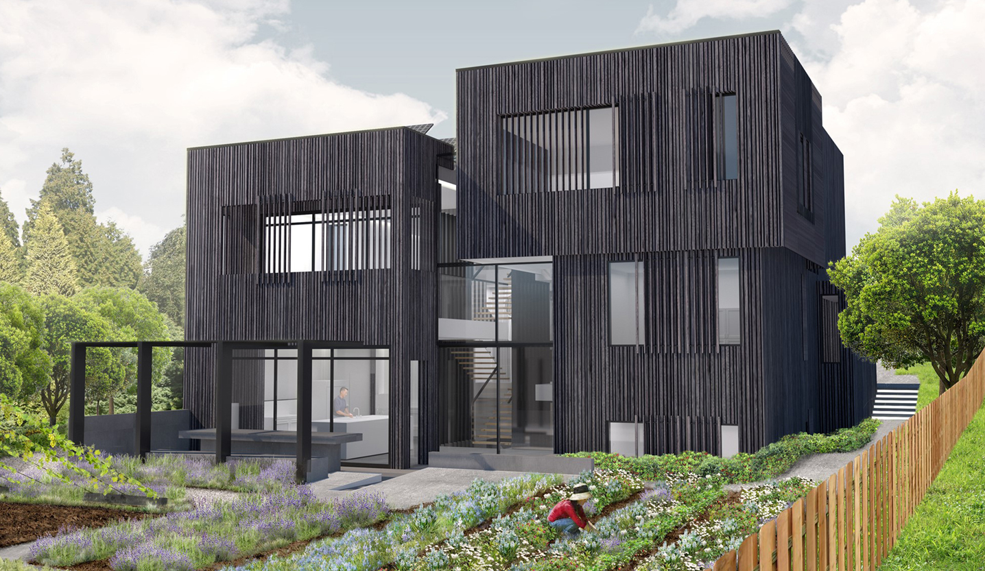 Exterior rendering of the two volumes with the strong vertical pattern of the black wood exterior.