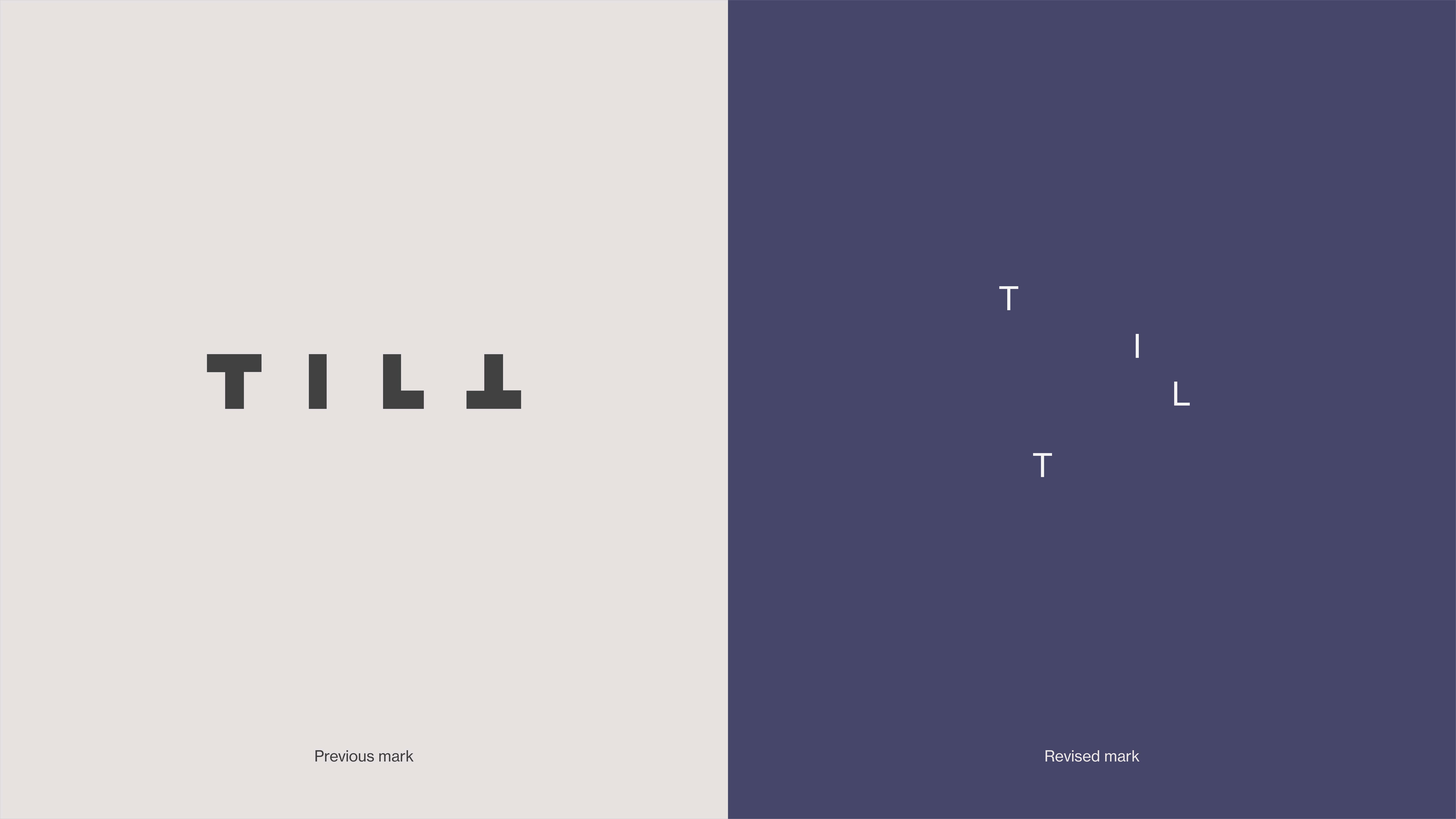 A comparison of the old TILT logo verses the new. The old logo says "TILT", but the last "T" is upside-down and it is set in a bold sans-serif font. The new logo is made from the letters in "TILT" which are spread apart, up and down, with lots of room between each letter.