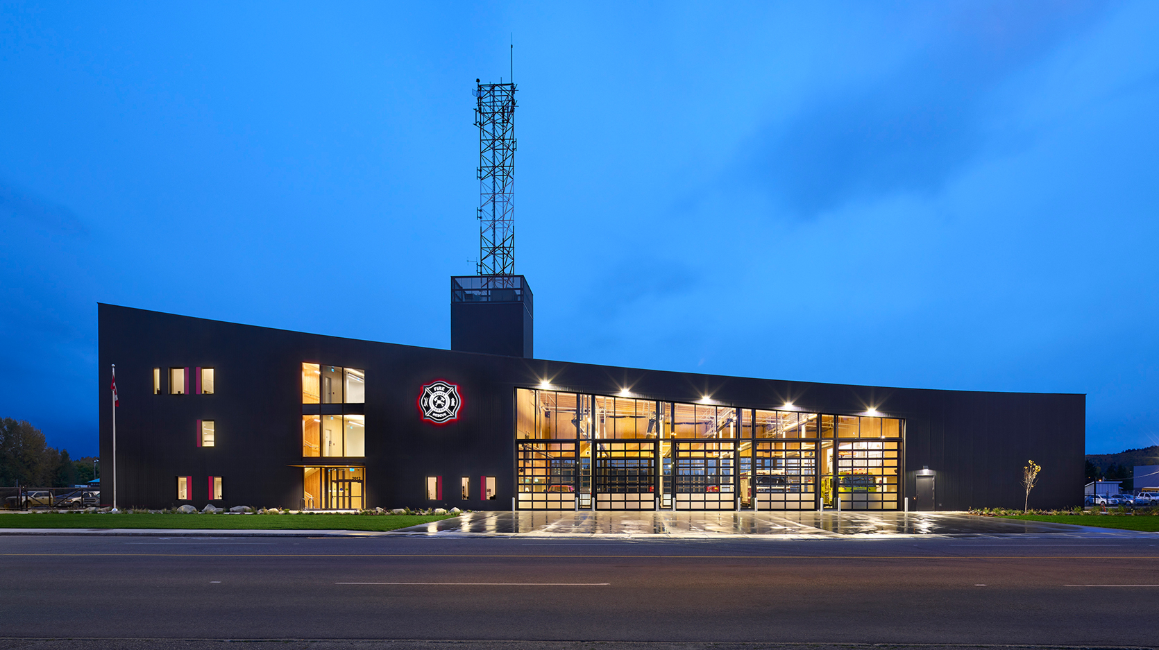 Street view of "Prince George Fire Hall #1" at night.