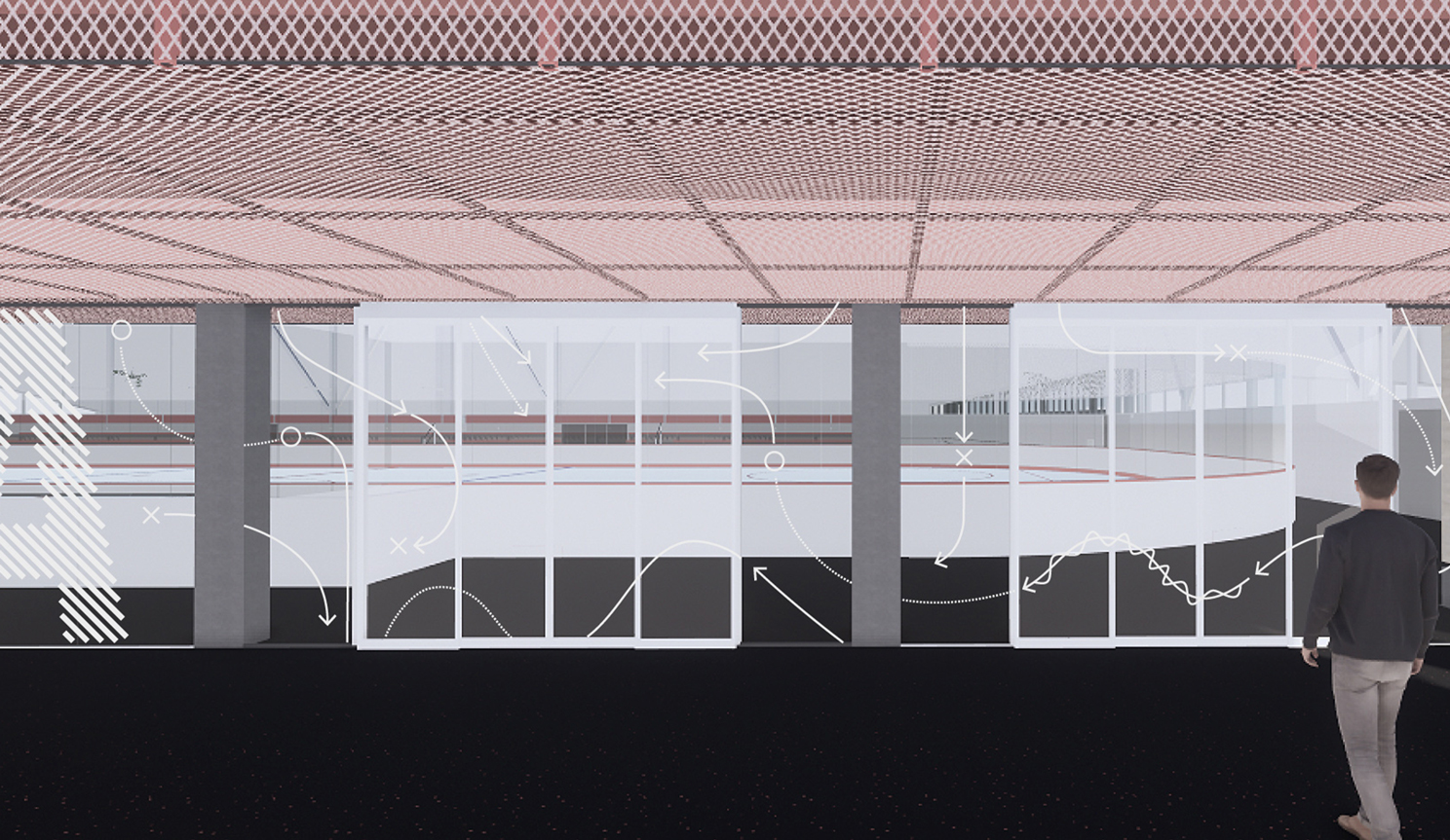 A rendering of a white line graphic on the window into the ice rink.