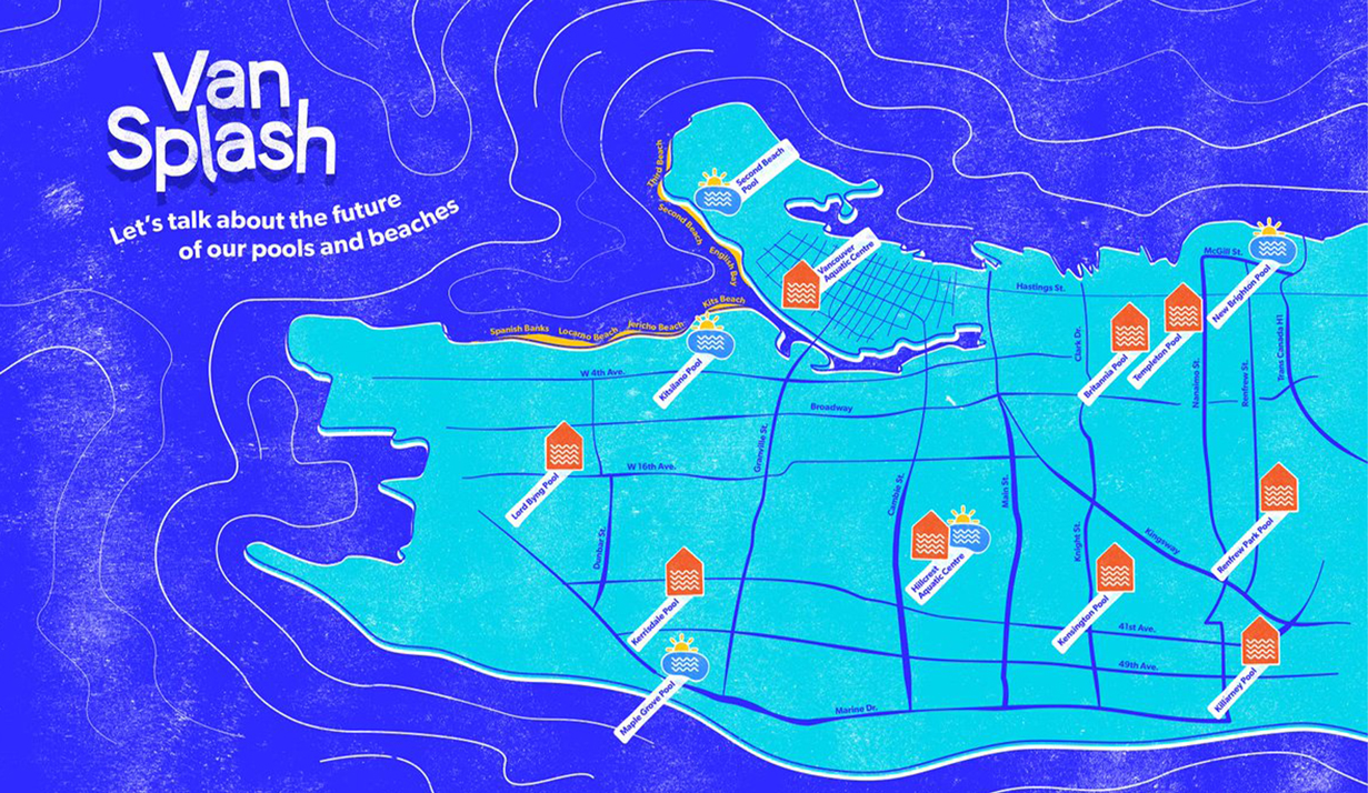 An Illustration of an ocean with a map of the west side of Vancouver, highlighting all the aquatic centres. The Poster says "Van Splash" "Let's talk about the future of our pools and beaches"