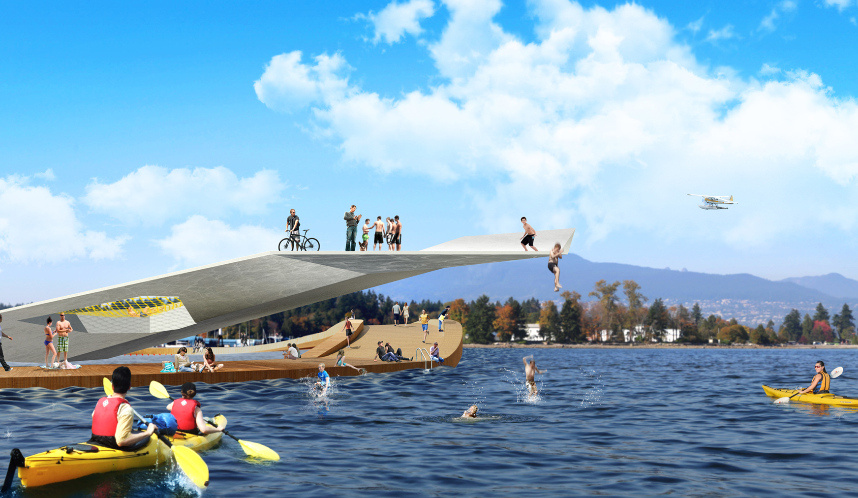 Rendering of on-water and off-water activities that can be enjoyed.