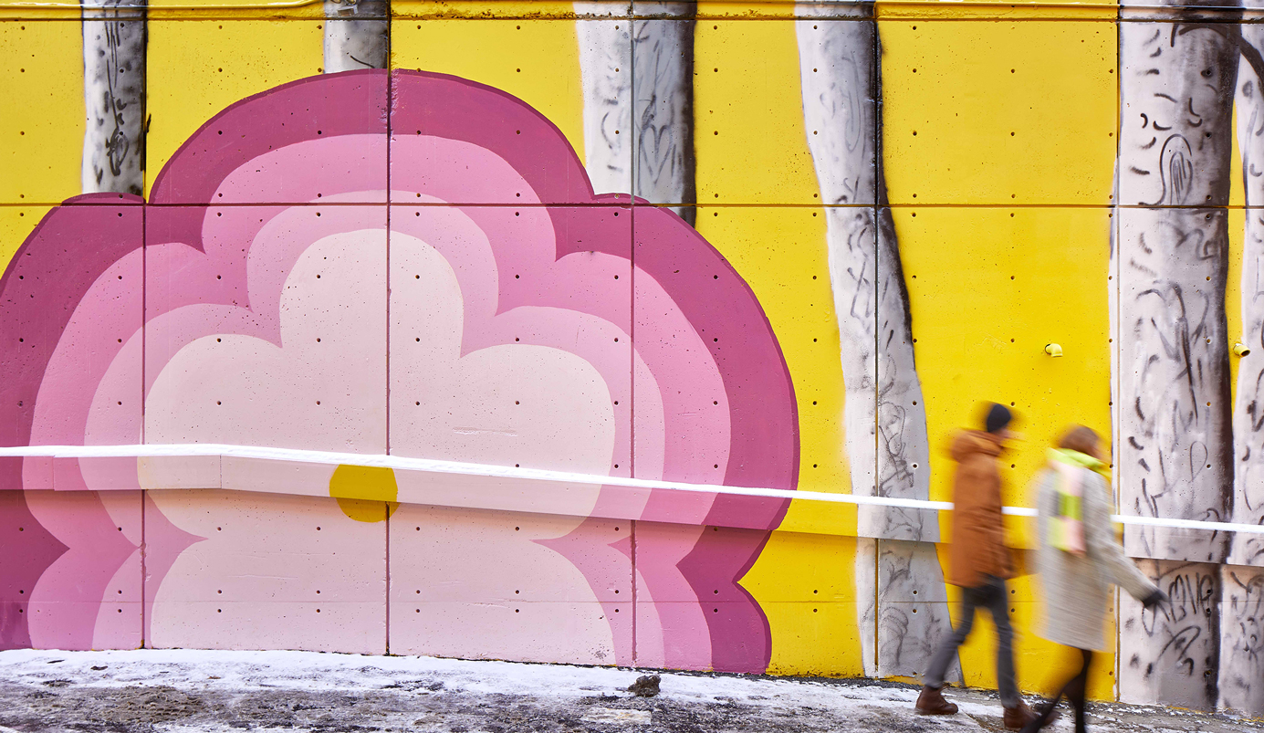 Bright flower graphic serves up a hit of colour for people walking along the lane in Winter.