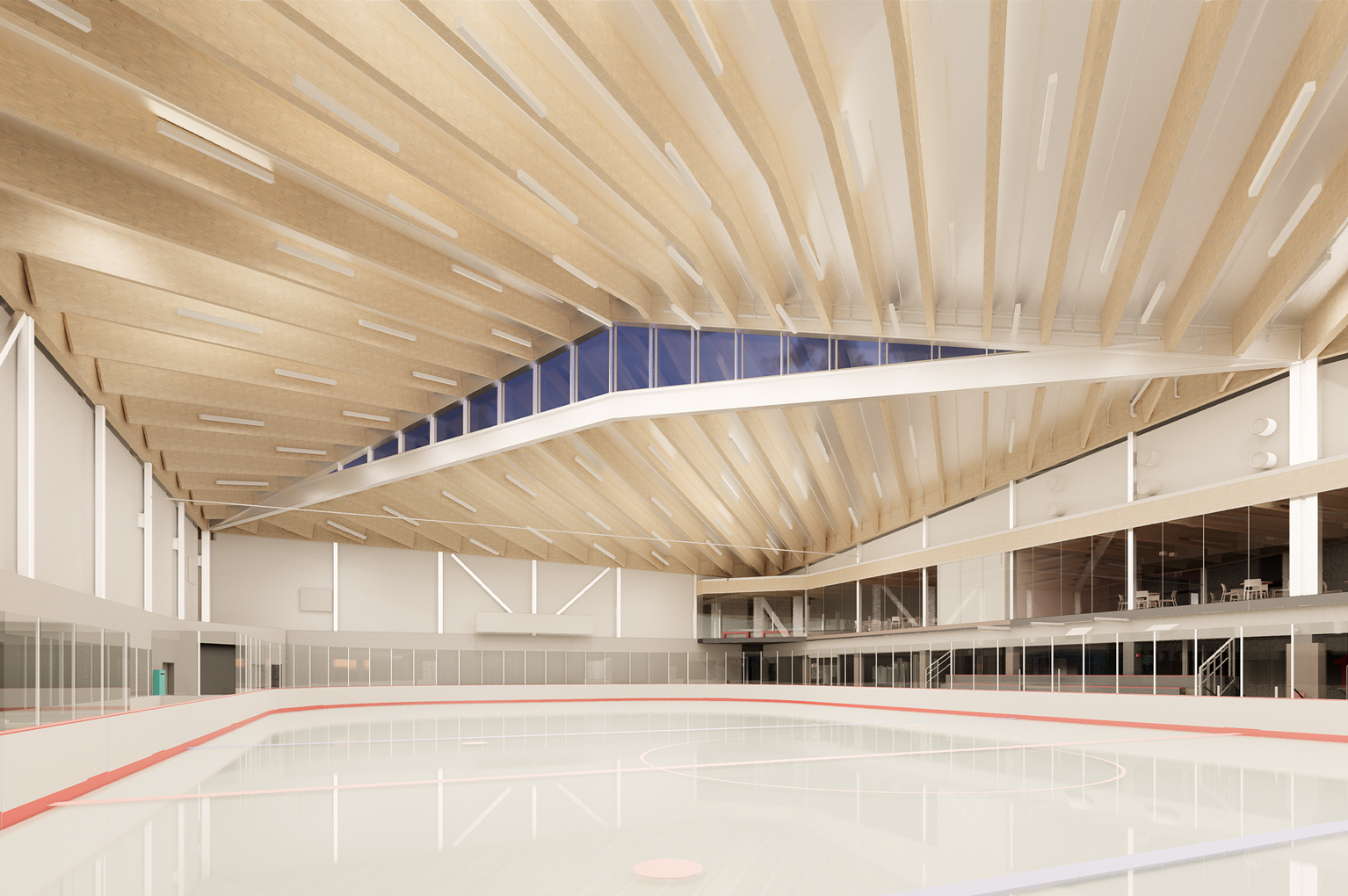 Ice rink with a geometric ceiling that has wooden beams along it.