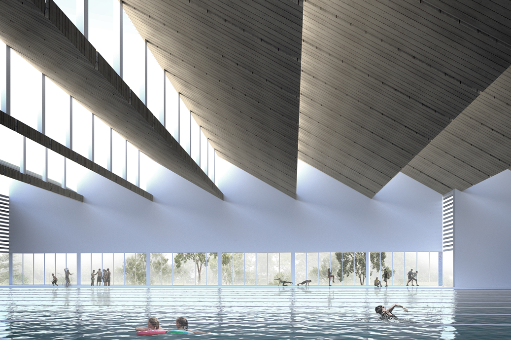 Rendering of Indoor pool with slanted wood planks along the ceiling