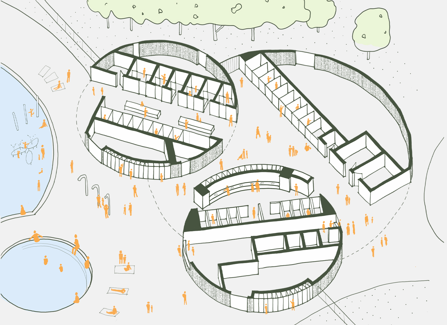 An axonometric sketch of the circular change facilities. Little orange figures populate the sketch.