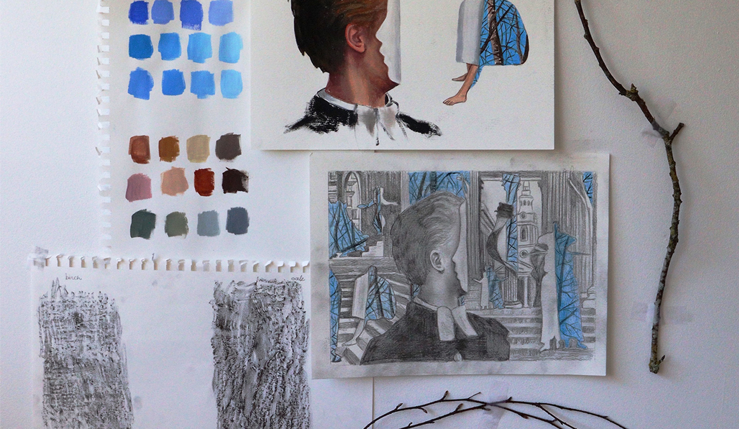 Paintings, sketches in progress and paint colour studies by Cara Guri.