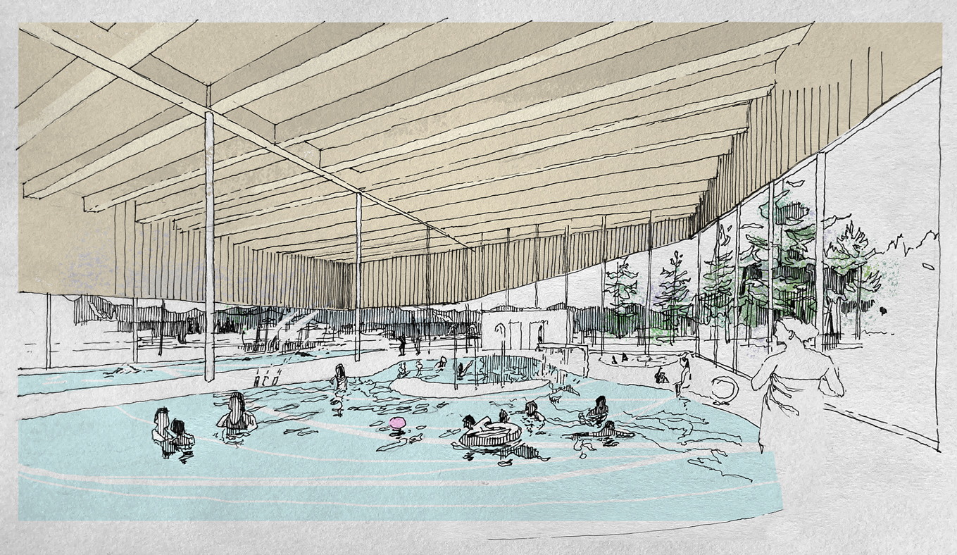 Ink and watercolour sketch of the proposed Golden Aquatic Centre pools.