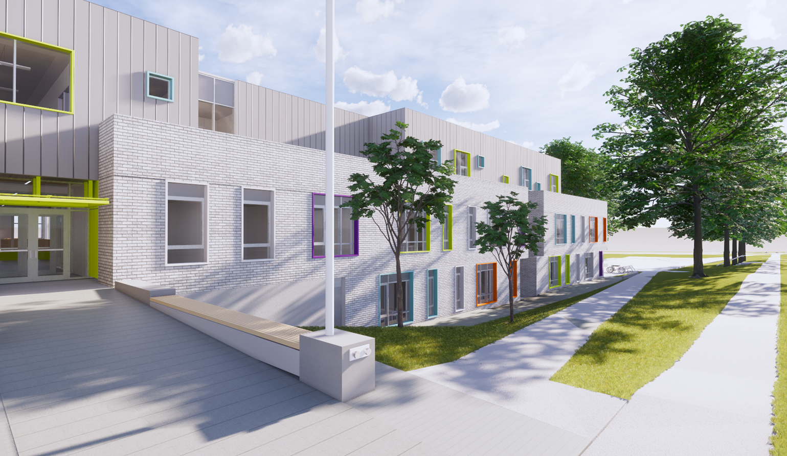 Rendering of David Lloyd George School from street view. The building is encased in clean, white brick, with colourful trim around each window and door.