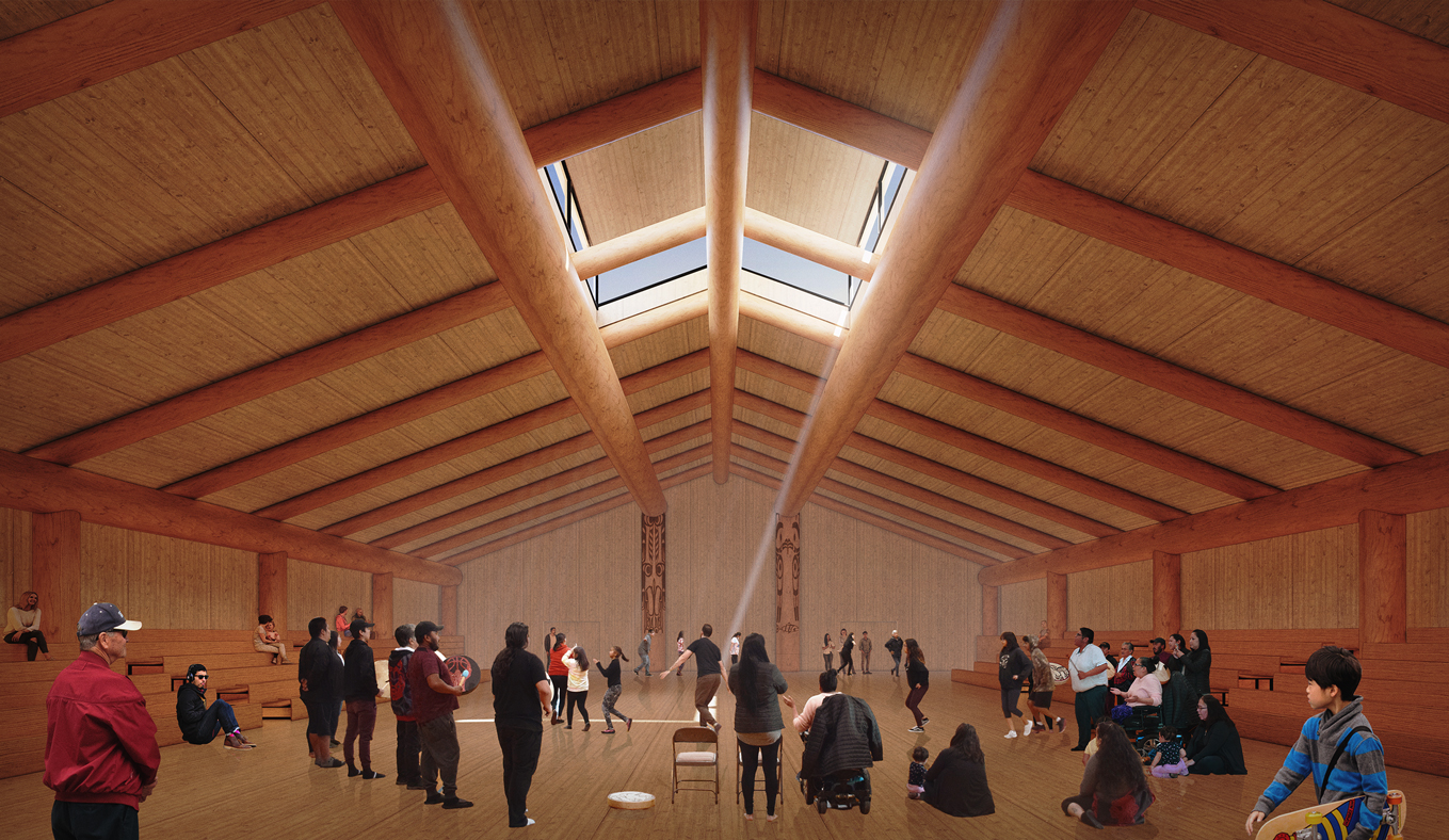A rendering of a musical performance in the Gitxaala Longhouse and Cultural Centre, which features wood panels, log beams, and skylights.