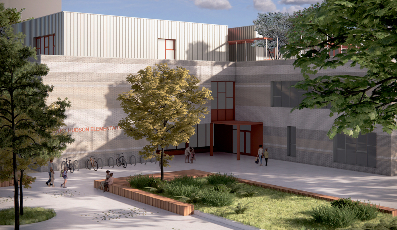 A rendering of the exterior front entry to Henry Hudson Elementary School. The building is white and beige brick with dusty red accents and landscaped with trees, grass and plants.