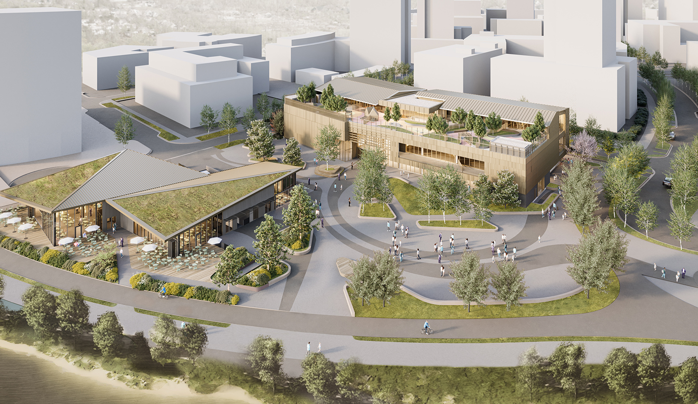 Aerial rendering of the River District Community Centre. It shows the main community centre and childcare, various small figures milling about the central plaza, and the two commercial buildings with green roofs. The river context is slightly visible at the bottom of the image.