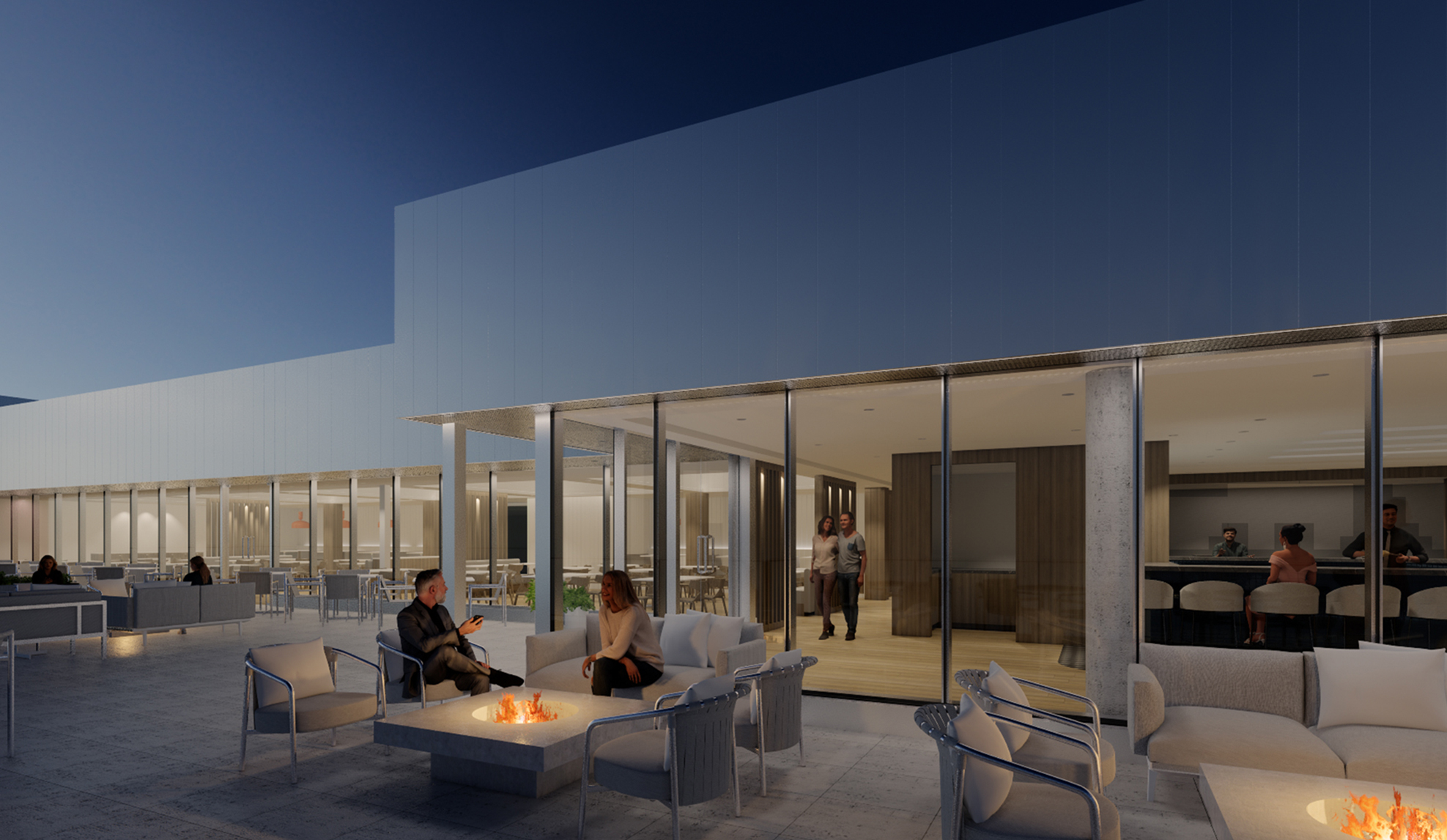 Nighttime rendering of the outdoor seating area with lit gas fire pits at the Hollyburn Country Club.