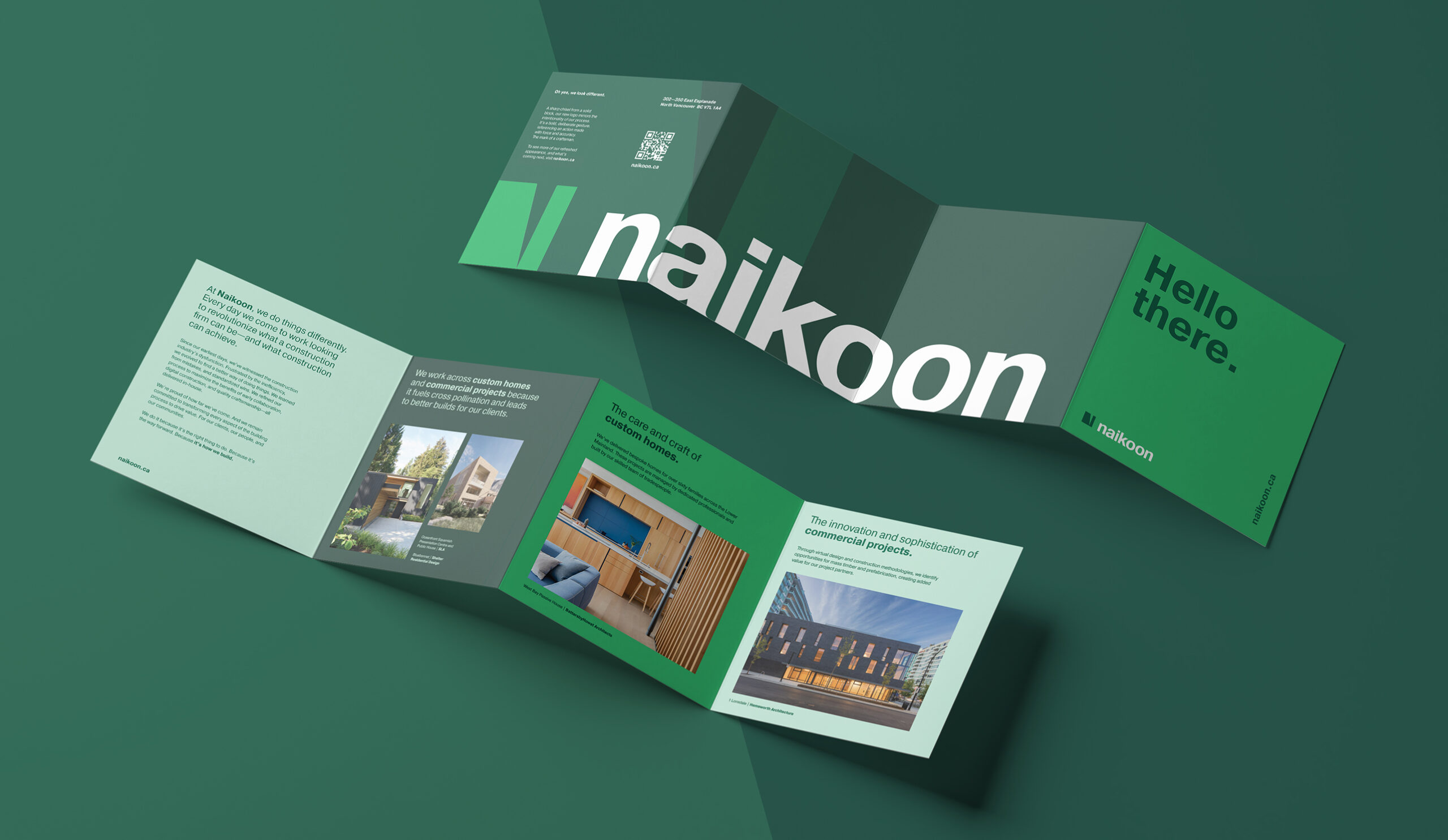 The Naikoon rebrand launch brochure makes bold use of the three different greens in the brand palette and showcases their commercial and residential work.