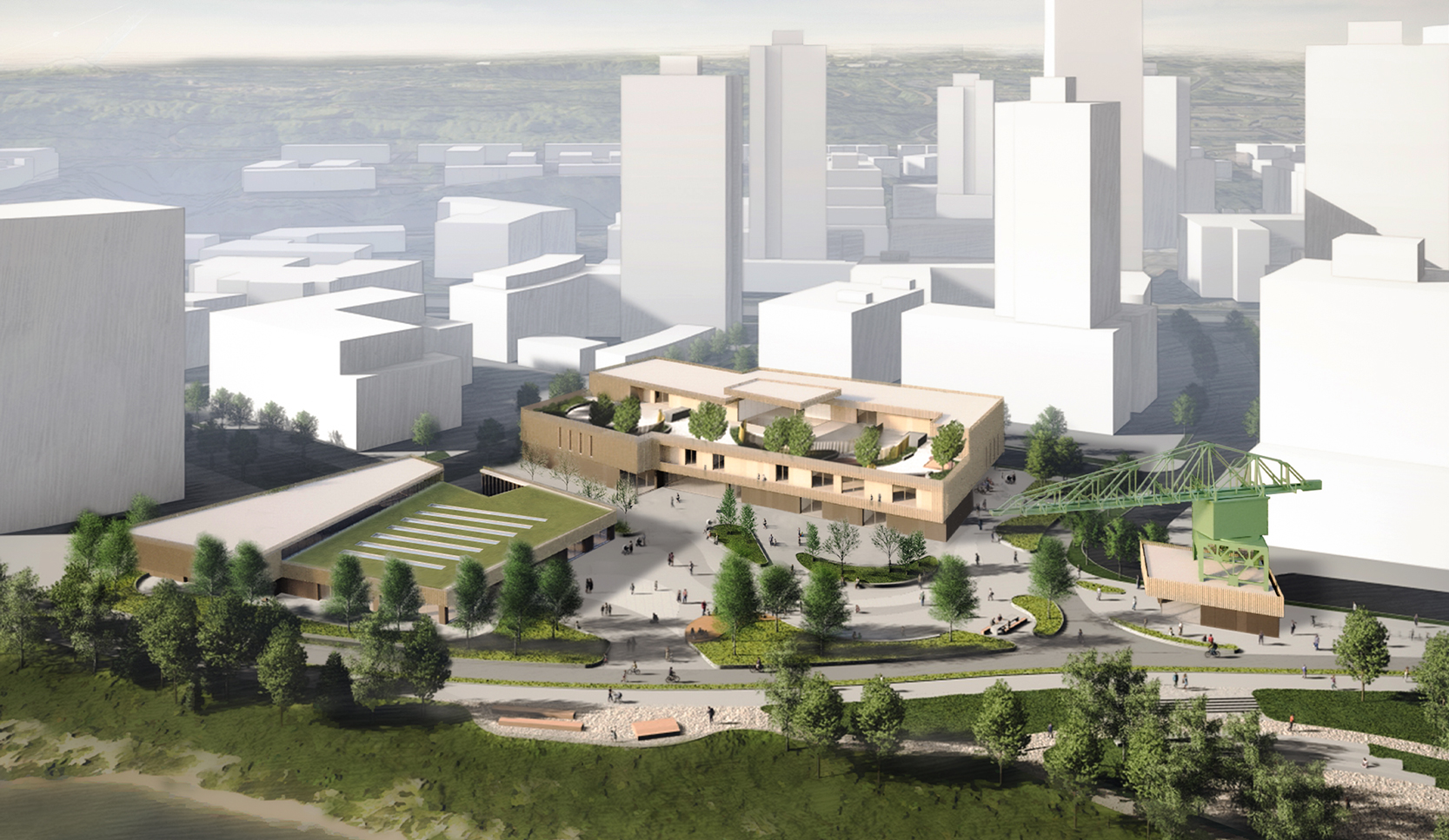 A 3D rendering of River District Community Centre and the environment around it.