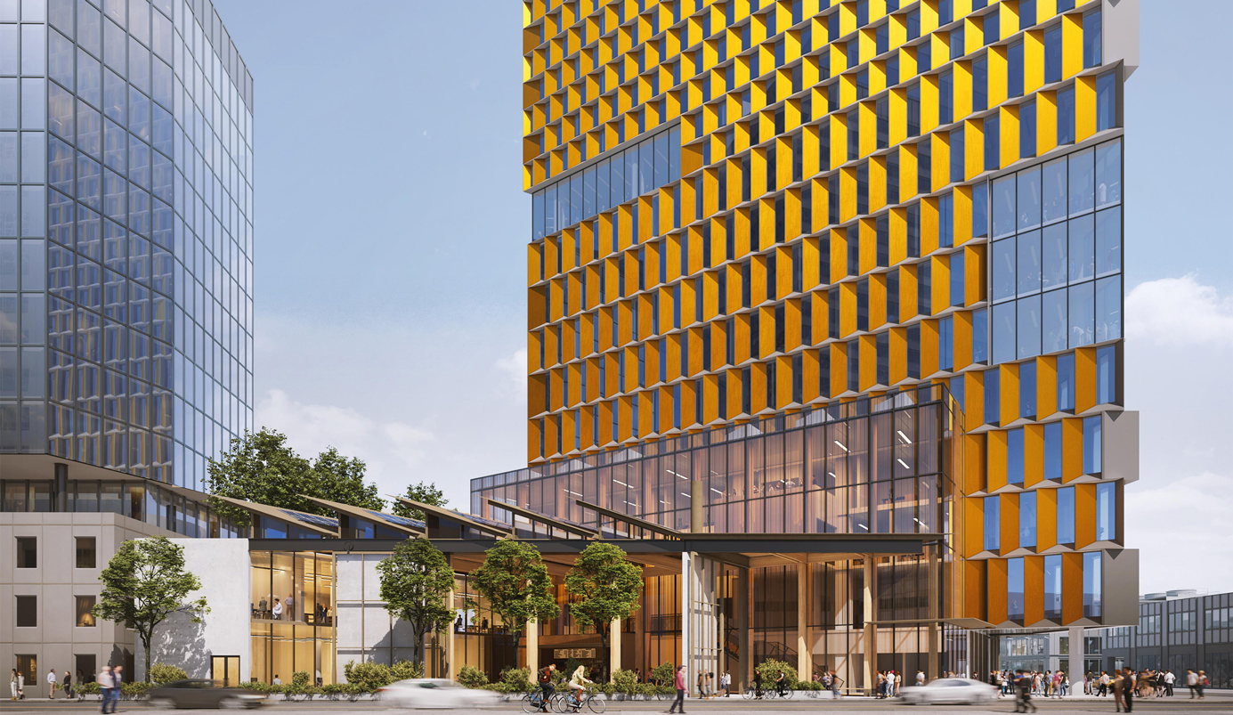UBCO Downtown Kelowna exterior rendering, showcasing the copper cladding that catches the light.