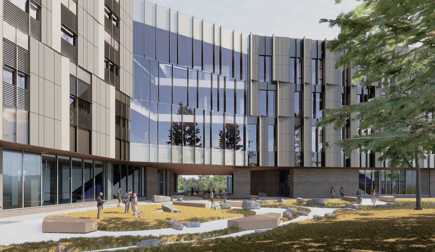 A rendering of UBCO's x̌el sic snpax̌nwixʷtn, showcasing the building's primary entrance, which is crescent shaped with an open passage way to the other side of the building. The large windows afford views to the park space in front.