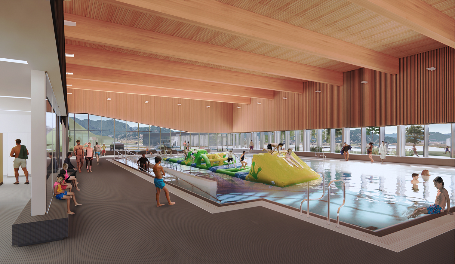 Rendering of families enjoying the leisure pool at the Golden Aquatic Centre indoor pool. Wood ceilings and beams add warmth to the space, while the large windows provide full views of the mountains.