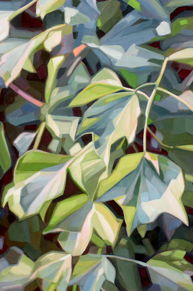 Oil painting on panel of green and blue ivy leaves.