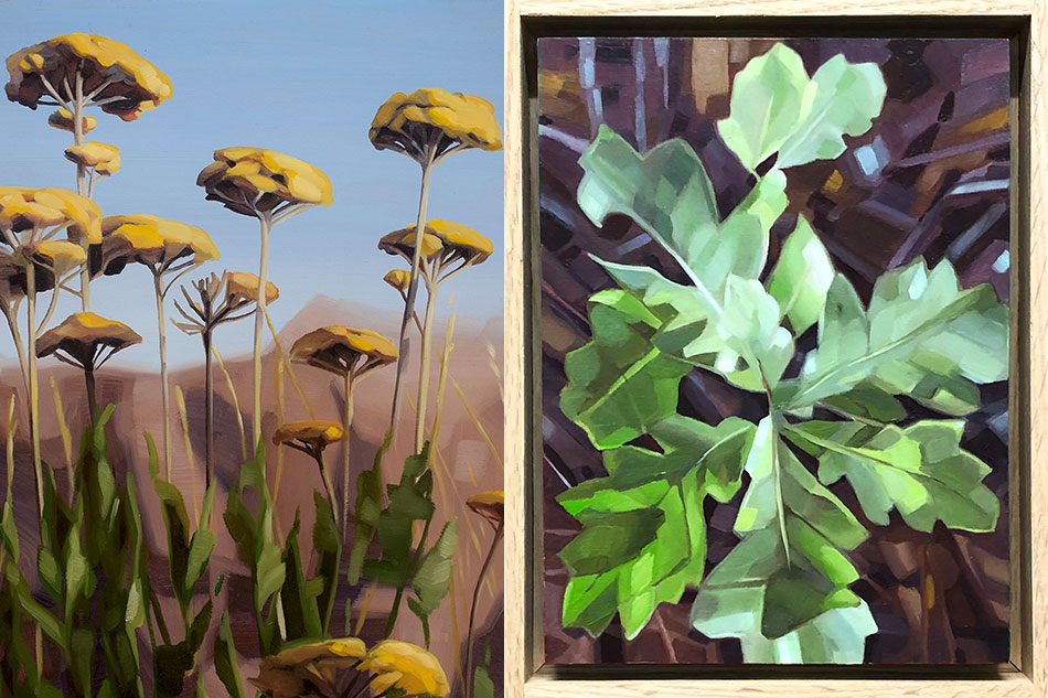 Two oil paintings on panels of yellow weed and small green oak leaves, framed, on a brick wall.