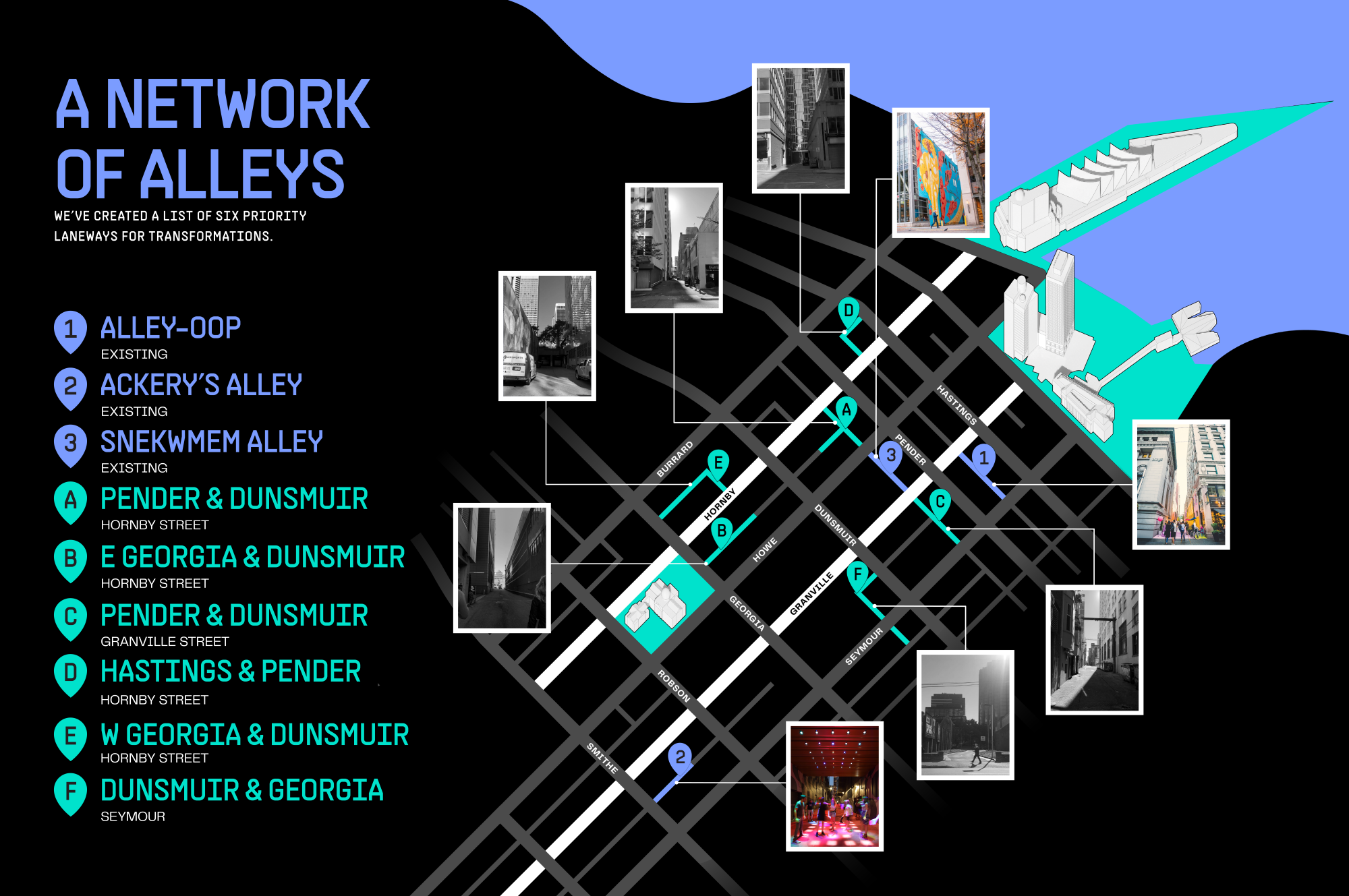 Map illustrating the network of future alleys, including current Awesome Alleys and those prioritized for transformation. The alleys marked have callouts with photos of their existing state. For those untransformed, the photos are in grayscale, while the photos of transformed alleys are in colour.