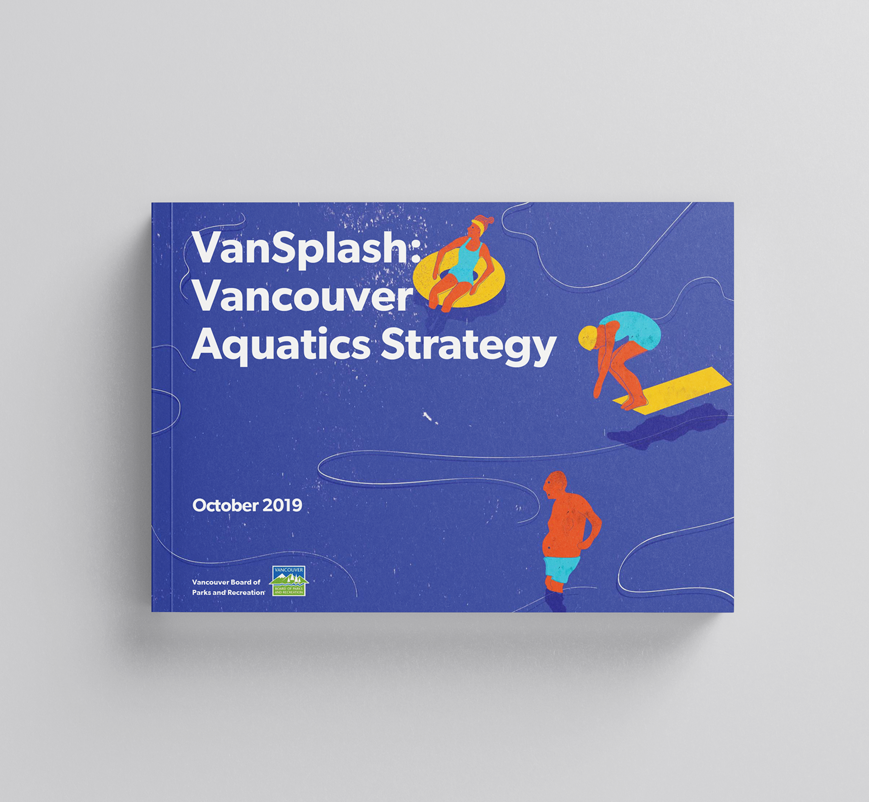 A mock-up of the VanSplash cover page. It has illustrations of various people doing aquatic-related activities on a blue background, with squiggles to signify they're in the water.