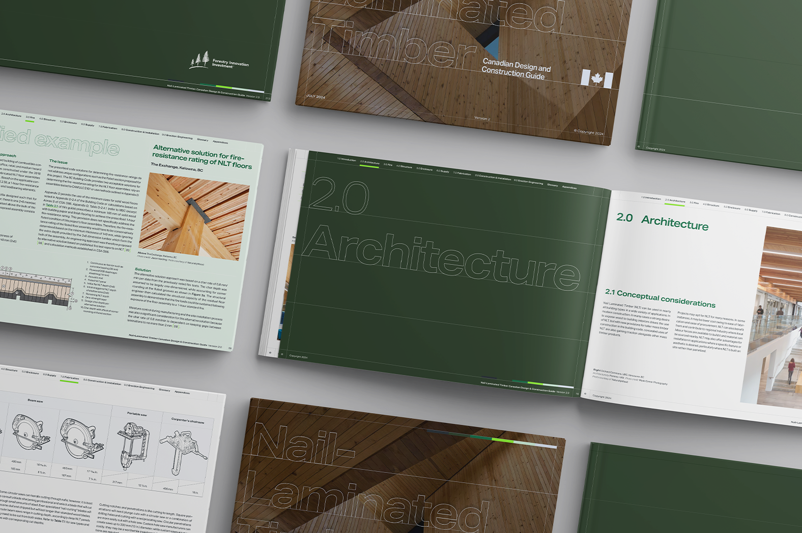 Open-book mockups of the Nail Laminated Timber Design and Construction Guide highlighting various inner spreads and sections. 