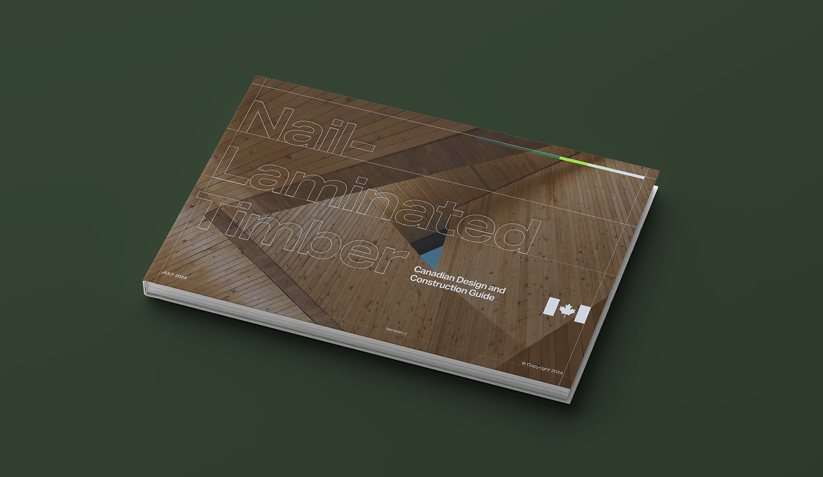 A mock-up of the Nail Laminated Timber Canadian Design and Construction Guide in book format on a dark green background. The cover has an image of a wood-clad staircase that makes an interesting geometric composition.