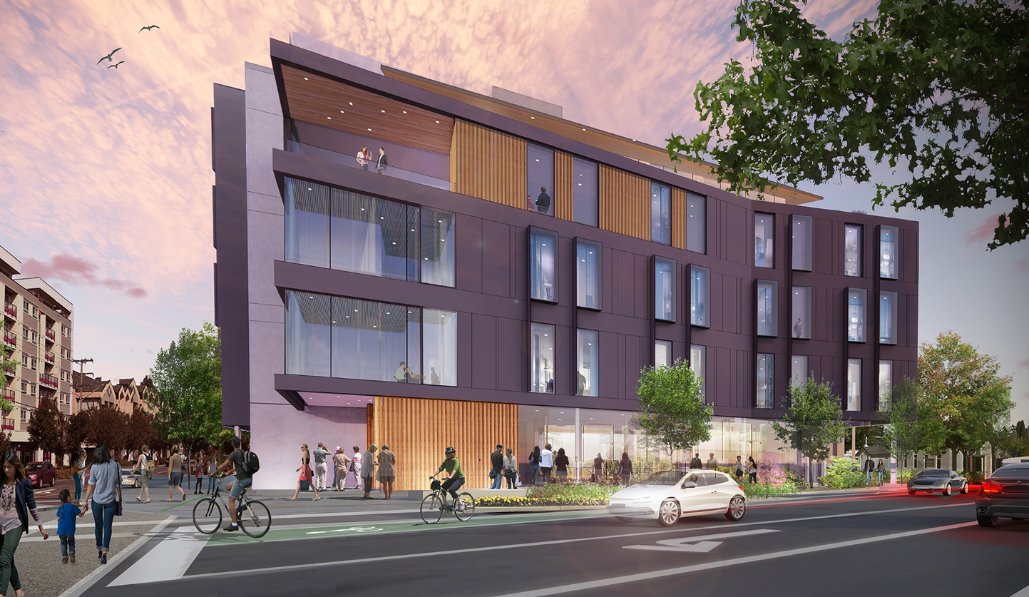 Rendering of the new campus building. The 5-storey facility is modern with lots of wood and glass elements. It sits on a busy street corner under a pink-ish cloudy sky.