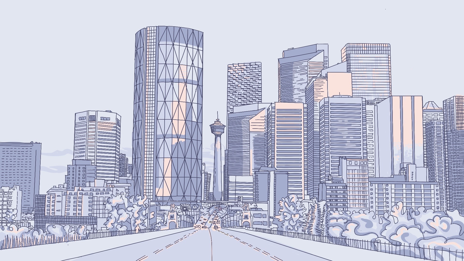 Blue and pink Illustration of the Calgary skyline