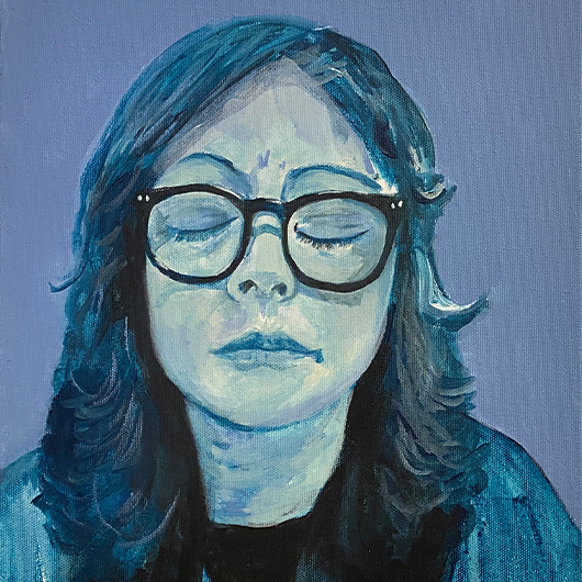 A blue portrait painting of Artist in Residence, Kyla Bourgh, with her eyes closed.