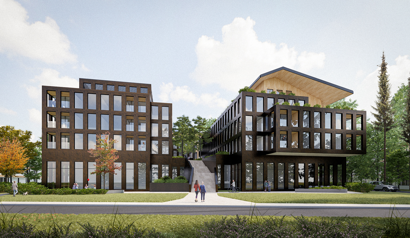 Exterior rendering of McNamee Place development from the street. A path and stairs wind up towards a central courtyard between two housing complexes. The complexes feature a warm, dark cladding and a prominent use of wood.