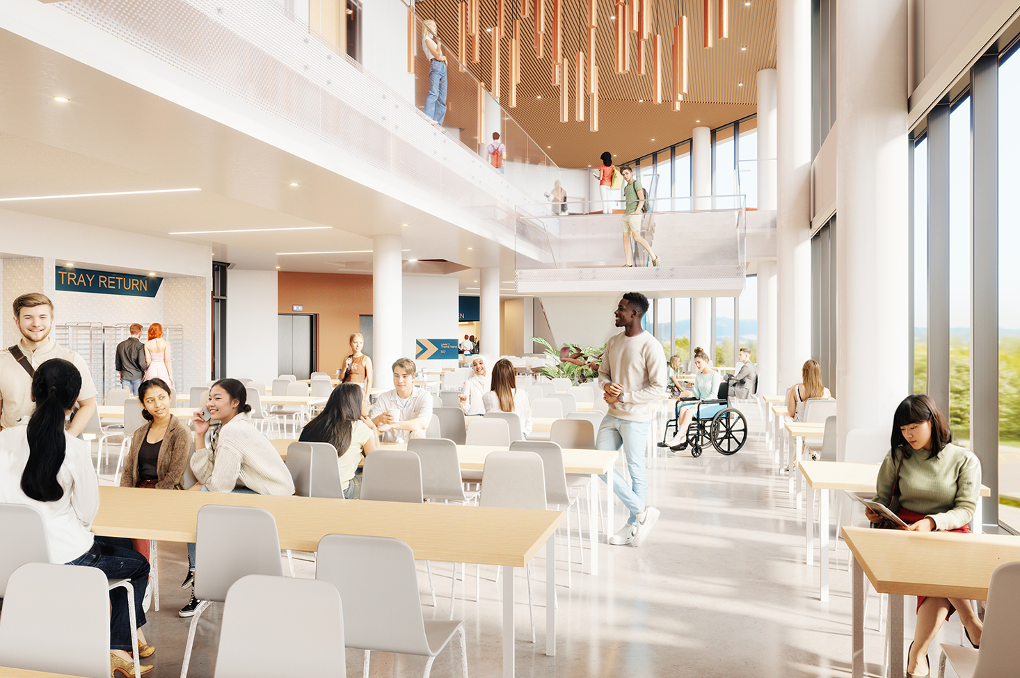 Interior rendering of the student residence. Diverse students are gathered at tables among the dining area, and a sculptural lighting fixture and second storey is visible from above. Extensive glazing offers views to the outside.